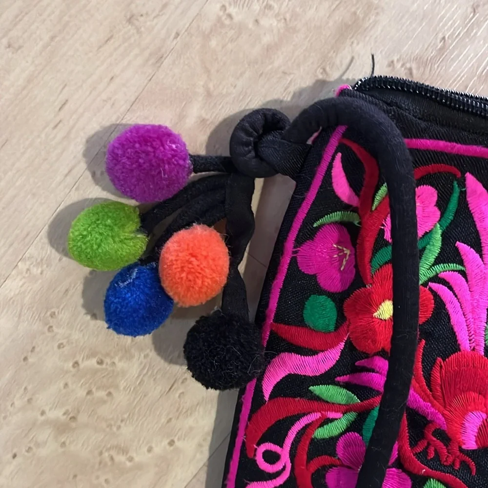 Colorful Embroidered Floral Boho Crossbody Shoulder Bag with Pom Poms